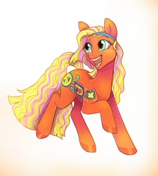 Size: 900x1000 | Tagged: safe, artist:madisockz, sweet notes, earth pony, pony, g1, braces, coat markings, colored eyebrows, colored hooves, curly mane, curly tail, female, gradient background, headband, mare, open mouth, open smile, orange coat, prancing, raised hoof, raised leg, shiny hooves, smiling, tail, teal eyes, teeth, tongue out, toy interpretation, two toned mane, two toned tail, wingding eyes