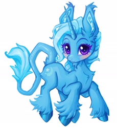 Size: 2400x2618 | Tagged: safe, artist:madisockz, trixie, pony, unicorn, g4, beard, big ears, big eyes, blue coat, blue mane, blue tail, blushing, butt fluff, chest fluff, colored eyelashes, colored hooves, colored pinnae, digital painting, ear fluff, ear tufts, facial hair, female, high res, horn, in air, leonine tail, long horn, long mane, long tail, looking at you, mare, purple eyes, shiny hooves, shiny horn, signature, simple background, smiling, smiling at you, solo, tail, tall ears, unicorn beard, unicorn horn, unshorn fetlocks, wavy mane, white background, wingding eyes