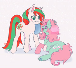 Size: 2048x1840 | Tagged: safe, artist:madisockz, merry treat, minty, earth pony, pony, g1, g3, :3, abstract background, christmas, christmas stocking, colored pnnae, colored underhoof, curly mane, curly tail, duo, duo female, ear fluff, female, green eyes, holiday, hoof heart, long mane, long socks, long tail, looking at each other, looking at someone, lying down, mare, mint coat, mouth hold, open mouth, open smile, pink mane, pink tail, prone, purple eyes, shadow, shiny mane, signature, smiling, smiling at each other, snow, snowfall, standing, sticker blush, tail, two toned mane, two toned tail, underhoof, white coat, wingding eyes