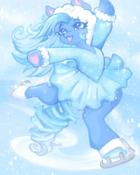 Size: 3200x4000 | Tagged: safe, artist:madisockz, snowflake (g3), earth pony, pony, g3, :3, abstract background, bipedal, blue coat, blue dress, blue eyes, blue mane, blue tail, clothes, colored pinnae, colored underhoof, curly tail, dress, eye clipping through hair, eyeshadow, female, gradient tail, high res, hood, hoof heart, ice skates, ice skating, makeup, mare, open mouth, open smile, ringlets, skates, smiling, snow, snowflake, solo, sparkles, sparkly dress, standing, standing on one leg, tail, underhoof, windswept mane, wingding eyes, winter