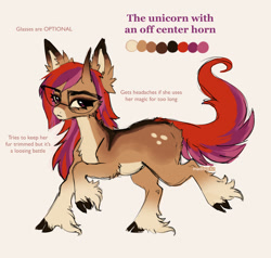 Size: 1280x1221 | Tagged: safe, artist:madisockz, oc, oc only, unnamed oc, pony, unicorn, :<, big ears, big eyes, blank flank, brown coat, cheek fluff, chest fluff, cloven hooves, coat markings, colored belly, colored eartips, colored hooves, colored muzzle, colored pinnae, curved horn, dorsal stripe, ear fluff, facial markings, female, frown, glasses, gradient horn, horn, leg fluff, lidded eyes, long mane, long tail, mare, pale belly, pink eyes, pink text, ponysona, purple text, raised hoof, raised leg, reference sheet, signature, snip (coat marking), socks (coat markigns), socks (coat markings), solo, tail, text, two toned mane, two toned tail, unicorn horn, unicorn oc, unique horn, unshorn fetlocks, wingding eyes