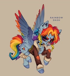 Size: 3422x3684 | Tagged: safe, artist:madisockz, rainbow dash, pegasus, pony, g4, alternate color palette, alternate design, alternate hairstyle, bags under eyes, bandage, bandaged leg, bandaid, bandaid on nose, beige background, blood, blue coat, blue text, bomber jacket, butt fluff, chest fluff, choker, clothes, coat markings, colored eyebrows, colored hooves, colored sketch, colored wings, colored wingtips, dog tags, ear fluff, ear piercing, earring, eyebrows, eyebrows visible through hair, facial markings, female, fetlock tuft, flying, high res, industrial piercing, jacket, jewelry, long mane, long tail, mare, multicolored hair, multicolored mane, multicolored tail, multicolored wings, narrowed eyes, nose blush, nosebleed, piercing, pink eyes, rainbow hair, rainbow tail, rainbow wings, redesign, shiny hooves, shiny mane, shiny tail, signature, simple background, sketch, smiling, solo, speckled, spiked choker, spread wings, star (coat marking), tail, text, thick eyelashes, wall of tags, wing fluff, wingding eyes, wings, wolf cut