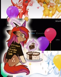 Size: 2400x3000 | Tagged: safe, artist:madisockz, oc, oc only, unnamed oc, pony, unicorn, balloon, birthday, birthday art, birthday cake, cake, cake slice, chewing, clothes, coat markings, colored eartips, colored muzzle, curved horn, disturbed (band), dorsal stripe, ear fluff, ears back, eating, facial markings, female, floppy ears, food, glowing, glowing horn, gradient horn, hat, high res, horn, long mane, long tail, looking at you, looking back, looking back at you, magic, mare, mealy mouth (coat marking), meta, multicolored mane, multicolored tail, party hat, ponysona, rear view, shirt, shrunken pupils, sitting, solo, sweat, sweatdrop, t-shirt, tail, telekinesis, twitter, unicorn oc, unique horn