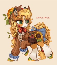 Size: 2965x3390 | Tagged: safe, artist:madisockz, applejack, earth pony, pony, g4, :3, alternate clothes, alternate color palette, alternate design, alternate hairstyle, alternate tailstyle, apple, applejack's hat, big ears, big eyes, blaze (coat marking), blonde mane, blonde tail, blushing, bow, braid, braided ponytail, braided tail, bread, button-up shirt, cardigan, chin fluff, clothes, coat markings, colored ear fluff, colored eartips, colored eyebrows, colored hooves, colored muzzle, colored pinnae, cottagecore, cowboy hat, dress shirt, ear fluff, facial markings, female, flower, flower in hair, food, freckles, green eyes, hat, high res, horseshoes, lidded eyes, long mane, long tail, looking away, mare, mealy mouth (coat marking), neck bow, orange coat, orange text, ponytail, raised hoof, redesign, saddle basket, shiny hooves, shiny mane, shiny tail, shirt, signature, simple background, smiling, socks (coat markings), solo, stick in mane, straw in mouth, sunflower, tail, tail bow, text, tied mane, tied tail, unshorn fetlocks, walking, wall of tags, wingding eyes, yellow background