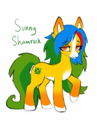 Size: 1280x1600 | Tagged: safe, alternate version, artist:madisockz, oc, oc only, oc:sunny shamrock, earth pony, pony, blaze (coat marking), coat markings, colored belly, colored eartips, colored hooves, colored pinnae, ear fluff, earth pony oc, eye clipping through hair, eyebrows, eyebrows visible through hair, eyeshadow, facial markings, female, gradient ears, green tail, lidded eyes, long mane, long tail, makeup, mare, mealy mouth (coat marking), multicolored mane, pale belly, raised hoof, simple background, smiling, socks (coat markings), solo, standing, tail, two toned tail, white background, yellow coat, yellow eyes