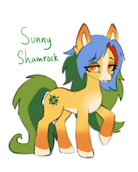 Size: 1638x2048 | Tagged: safe, alternate version, artist:madisockz, oc, oc only, oc:sunny shamrock, earth pony, pony, blaze (coat marking), coat markings, colored belly, colored eartips, colored hooves, colored pinnae, ear fluff, earth pony oc, eye clipping through hair, eyebrows, eyebrows visible through hair, eyeshadow, facial markings, female, gradient ears, green tail, lidded eyes, long mane, long tail, makeup, mare, mealy mouth (coat marking), multicolored mane, pale belly, raised hoof, simple background, smiling, socks (coat markings), solo, standing, tail, two toned tail, white background, yellow coat, yellow eyes