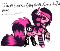 Size: 3000x2539 | Tagged: safe, artist:madisockz, oc, oc only, oc:princess sparkle kitty death claws the 2nd, earth pony, pony, choker, clothes, coat markings, colored eartips, colored pinnae, converse, dyed mane, dyed tail, ear fluff, earth pony oc, edgy, emo, eyeshadow, fangs, female, fishnet clothing, heart, heart eyes, heart mark, high res, hoof shoes, impossibly large tail, leg warmers, long mane, long tail, makeup, mare, necktie, pink coat, pink eyes, profile, raised hoof, scemo, scene, scene hair, shoes, simple background, skelanimals, smiling, sneakers, solo, spiked choker, standing, stripes, tail, two toned mane, two toned tail, white background, wingding eyes