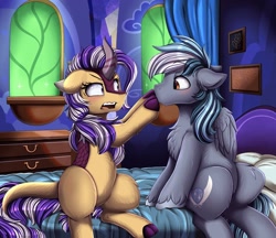 Size: 1872x1614 | Tagged: safe, artist:pridark, oc, oc:iron feather, oc:lotus cinder, kirin, pegasus, pony, fanfic:words of power, bed, belly, blushing, curtains, drawer, drawing, fanfic art, female, flower, kirin oc, male, palace, pillow, sheet, sitting, twilight's castle, window