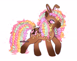 Size: 2048x1638 | Tagged: safe, artist:madisockz, oc, oc only, oc:daisy petals, earth pony, pony, body freckles, brown coat, bunny ears, coat markings, colored belly, colored eartips, colored pinnae, curly mane, curly tail, dreadlocks, earth pony oc, facial markings, female, freckles, long mane, long tail, looking back, makeup, mare, mealy mouth (coat marking), multicolored mane, multicolored tail, pale belly, pink eyes, profile, raised hoof, raised leg, signature, simple background, smiling, socks (coat markings), solo, tail, white background, wingding eyes