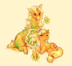 Size: 2048x1887 | Tagged: safe, artist:madisockz, applejack, earth pony, horse, pony, g4, :3, applejack (bella sara), bella sara, blonde mane, blonde tail, blushing, coat markings, colored eyebrows, colored hooves, colored pinnae, crossover, duo, duo female, ear fluff, eye clipping through hair, eyebrows, eyebrows visible through hair, eyes closed, female, floppy ears, flower, flower in hair, flower in tail, focused, freckles, glowing, glowing hooves, height difference, long mane, long tail, looking at something, lying down, magic, mare, namesake, orange coat, orange eyes, prone, pun, shiny hooves, signature, simple background, sitting, smiling, sparkles, splotches, tail, telekinesis, tied tail, tongue out, visual pun, wingding eyes, yellow background