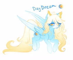 Size: 3568x2912 | Tagged: safe, alternate version, artist:madisockz, oc, oc only, oc:daydream, oc:daydream (madisockz), pegasus, pony, :3, ahoge, big eyes, blaze (coat marking), blonde mane, blonde tail, blue coat, body freckles, chest fluff, coat markings, colored ear fluff, colored eyebrows, colored muzzle, colored pinnae, colored sketch, colored wings, colored wingtips, ear fluff, eye clipping through hair, eyebrows, eyebrows visible through hair, facial markings, female, flying, freckles, golden eyes, gradient legs, gradient mane, gradient tail, gradient wings, high res, impossibly long tail, lidded eyes, long mane, long tail, mare, mealy mouth (coat marking), partially open wings, pegasus oc, signature, simple background, sketch, smiling, socks (coat markings), solo, tail, tired eyes, two toned mane, two toned tail, two toned wings, white background, wingding eyes, wings, yellow eyes