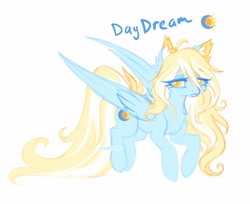 Size: 3568x2912 | Tagged: safe, alternate version, artist:madisockz, oc, oc only, oc:daydream (madisockz), pegasus, pony, :3, ahoge, big eyes, blonde mane, blonde tail, blue coat, chest fluff, colored ear fluff, colored eyebrows, colored pinnae, colored sketch, ear fluff, eye clipping through hair, eyebrows, eyebrows visible through hair, female, flying, golden eyes, high res, impossibly long tail, lidded eyes, long mane, long tail, mare, partially open wings, pegasus oc, signature, simple background, sketch, smiling, solo, tail, tired eyes, two toned mane, two toned tail, white background, wingding eyes, wings, yellow eyes
