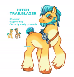 Size: 2048x2148 | Tagged: safe, artist:madisockz, hitch trailblazer, earth pony, pony, g5, alternate design, alternate hairstyle, alternate tailstyle, beard, blue text, coat markings, colored belly, colored eartips, colored eyebrows, colored muzzle, colored pinnae, facial hair, facial markings, frown, high res, hitch trailblazer is not amused, male, narrowed eyes, orange eyes, pale belly, profile, raised hoof, redesign, serious, serious face, sheriff's badge, short tail, signature, simple background, socks (coat markings), solo, stallion, standing, star (coat marking), tail, tail bun, teal mane, teal tail, text, thick eyebrows, tied tail, torn ear, two toned mane, two toned tail, unamused, white background, yellow coat