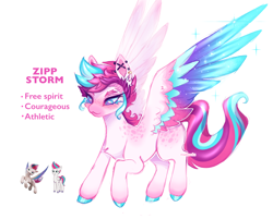 Size: 2048x1650 | Tagged: safe, artist:madisockz, zipp storm, pegasus, pony, g5, :3, adorazipp, alternate design, alternate eye color, alternate hairstyle, blue eyes, blue sclera, blushing, body freckles, chest fluff, coat markings, colored eyebrows, colored hooves, colored muzzle, colored pinnae, colored pupils, colored sclera, colored wings, colored wingtips, cute, cutie mark accessory, cutie mark earrings, ear fluff, ear piercing, earring, facial markings, female, flying, freckles, industrial piercing, jewelry, long mane, long tail, looking down, mare, mealy mouth (coat marking), missing cutie mark, multicolored mane, multicolored tail, multicolored wings, narrowed eyes, piercing, pink text, raised hoof, redesign, shiny hooves, signature, simple background, smiling, solo, sparkles, sparkly wings, spiky mane, spread wings, tail, text, two toned eyes, wavy tail, white background, white coat, wing fluff, wings