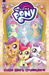 Size: 2063x3131 | Tagged: safe, artist:brenda hickey, idw, official comic, apple bloom, scootaloo, sweetie belle, earth pony, pegasus, pony, unicorn, series:best of my little pony, g4, official, apple bloom's bow, bow, comic cover, cover, cover art, cutie mark crusaders, female, filly, foal, hair bow, high res, horn, my little pony logo, open mouth, open smile, smiling, spread wings, the cmc's cutie marks, trio, trio female, wings