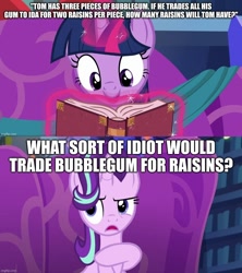 Size: 888x998 | Tagged: safe, edit, edited screencap, screencap, starlight glimmer, twilight sparkle, alicorn, a hearth's warming tail, g4, book, caption, couch, image macro, library, magic, reading, telekinesis, text, the adventures of jimmy neutron: boy genius, twilight sparkle (alicorn), twilight's castle, twilight's castle library