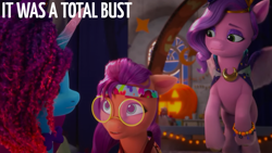 Size: 2000x1124 | Tagged: safe, edit, edited screencap, editor:quoterific, screencap, misty brightdawn, pipp petals, sunny starscout, earth pony, pegasus, pony, unicorn, g5, my little pony: make your mark, my little pony: make your mark chapter 5, nightmare on mane street, clothes, costume, female, flying, glasses, headband, horn, magician outfit, mare, nightmare night costume, rebirth misty, the great and powerful misty, trio