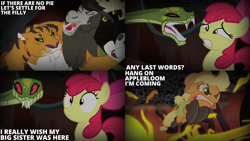 Size: 2000x1125 | Tagged: safe, edit, edited screencap, editor:quoterific, screencap, apple bloom, applejack, chimera sisters, big cat, chimera, earth pony, goat, pony, snake, tiger, g4, season 4, somepony to watch over me, bag, boots, fire, fireproof boots, multiple heads, saddle bag, shoes, three heads