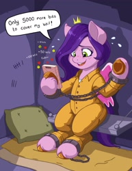 Size: 1583x2048 | Tagged: safe, artist:latecustomer, pipp petals, pegasus, pony, g5, bound wings, cellphone, chains, clothes, commissioner:rainbowdash69, cuffed, cuffs, emoji, never doubt rainbowdash69's involvement, phone, pipp's phone, prison outfit, shackles, smartphone, text, wings