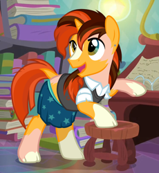 Size: 1050x1142 | Tagged: safe, artist:anonymous, sunburst, human, pony, unicorn, g4, /ptfg/, blaze (coat marking), book, clothes, coat markings, collar shirt, ear piercing, earring, eye color change, facial markings, female to male, horn, human to pony, jewelry, mid-transformation, open mouth, piercing, shirt, show accurate, skirt, socks (coat markings), solo, stool, transformation, transgender transformation, underwear, vest