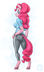 Size: 1864x3070 | Tagged: safe, artist:mysticalpha, pinkie pie, earth pony, anthro, unguligrade anthro, g4, balloonbutt, bracelet, breasts, busty pinkie pie, butt, clothes, jewelry, pants, shirt, sideboob, solo, sweatpants, tail, tail hole