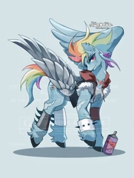 Size: 1668x2224 | Tagged: safe, artist:paley693, rainbow dash, pegasus, pony, g4, clothes, ear piercing, female, jacket, jewelry, light blue background, mare, metal wing, necklace, piercing, prosthetic limb, prosthetic wing, simple background, solo, spiked wristband, spray can, watermark, wings, wristband