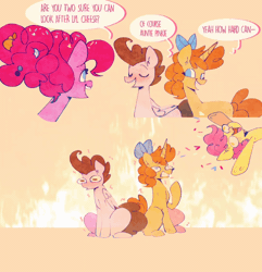 Size: 1080x1121 | Tagged: safe, artist:sockiepuppetry, li'l cheese, pinkie pie, pound cake, pumpkin cake, earth pony, pegasus, pony, unicorn, g4, 2 panel comic, accordion, animated, babysitting, blushing, bow, chaos, cheese wheel, colt, comic, confetti, dialogue, emanata, female, fire, foal, folded wings, gif, hair bow, horn, karma, male, mare, motion lines, musical instrument, no pupils, older, older pinkie pie, older pound cake, older pumpkin cake, onomatopoeia, raised hoof, revenge, shrunken irises, sitting, sound effects, speech bubble, starry eyes, stressed, tables have turned, tempting fate, the tables have turned, this ended in fire, trembling, trombone, wingding eyes, wings