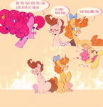 Size: 1080x1121 | Tagged: safe, artist:sockiepuppetry, li'l cheese, pinkie pie, pound cake, pumpkin cake, earth pony, pegasus, pony, unicorn, g4, accordion, animated, chaos, dialogue, gif, horn, musical instrument, older, older pinkie pie, older pound cake, older pumpkin cake, this ended in fire, trombone