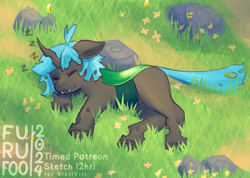Size: 1000x712 | Tagged: safe, artist:furufoo, oc, oc only, oc:changeling filly anon, oc:filly anon, bee, changeling, changeling queen, insect, nymph, blue mane, changeling oc, changeling queen oc, changelingified, colored, commission, cute, digital art, eyes closed, fangs, female, field, filly, flower, foal, grass, grass field, horn, lying down, on side, onomatopoeia, outdoors, peaceful, rock, shading, signature, sleeping, smiling, snoring, solo, sound effects, species swap, wingless, zzz