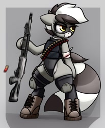 Size: 742x900 | Tagged: safe, artist:jetwave, oc, oc only, oc:bandy cyoot, pony, armor, bandage, bandolier, bipedal, boots, female, gun, knee pads, mare, shoes, shotgun, solo, tactical vest, weapon