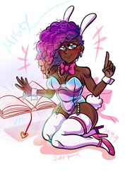 Size: 1240x1754 | Tagged: safe, artist:jully-park, misty brightdawn, human, g5, bare shoulders, book, bunny ears, bunny suit, clothes, cornrows, dark skin, ear piercing, earring, female, high heels, humanized, jewelry, looking at you, piercing, ribbon, shoes, sleeveless, smiling, smiling at you, strapless
