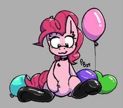 Size: 783x692 | Tagged: safe, artist:ponballoon, pinkie pie, earth pony, pony, :3, balloon, belly, blushing, chest fluff, clothes, featureless crotch, female, latex, latex socks, looking down, mare, sitting, socks, solo, underhoof