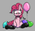 Size: 783x692 | Tagged: safe, artist:ponballoon, pinkie pie, earth pony, pony, :3, balloon, belly, belly fluff, blushing, chest fluff, choker, clothes, ear fluff, featureless crotch, female, latex, latex socks, looking down, mare, no iris, sitting, socks, solo, underhoof