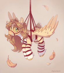 Size: 2067x2344 | Tagged: safe, artist:skysorbett, oc, oc only, oc:k0potb, pegasus, pony, blonde, blonde hair, blonde mane, bondage, chest fluff, colored sclera, feather, female, full body, horns, looking at you, mare, pegasus oc, rope, rope bondage, shibari, solo, spread wings, tied up, wings, yellow sclera