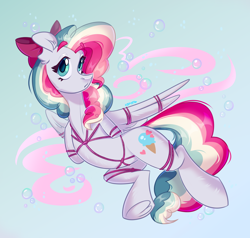 Size: 4200x4000 | Tagged: safe, artist:k0potb, oc, oc only, oc:sky sorbet, pegasus, pony, bondage, bow, curly hair, curly mane, female, full body, hair bow, looking at you, mare, multicolored hair, multicolored mane, open mouth, pegasus oc, rope, rope bondage, shibari, tied up, wings