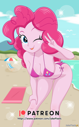 Size: 606x970 | Tagged: safe, artist:jakepixels, pinkie pie, human, equestria girls, g4, beach, beach towel, bikini, breasts, cleavage, clothes, leaning forward, looking at you, one eye closed, open mouth, open smile, peace sign, side-tie bikini, smiling, swimsuit, wink