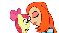 Size: 1024x570 | Tagged: safe, artist:katiegirlsforever, apple bloom, earth pony, fairy, human, pony, g4, adorable face, adorabloom, apple bloom's bow, bloom (winx club), bow, crossover, crossover shipping, cute, duo, eyes closed, eyeshadow, female, filly, foal, hair bow, holding, holding a pony, hug, makeup, namesake, open mouth, open smile, pun, ship:applebloombloom, shipping, simple background, smiling, visual pun, white background, winx club