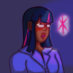 Size: 2048x2048 | Tagged: safe, artist:snappyshni, twilight sparkle, human, blue background, clothes, dark skin, female, glasses, humanized, open mouth, shirt, simple background, solo