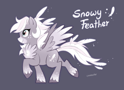 Size: 2048x1495 | Tagged: safe, artist:churrokat, oc, oc only, oc:snowy feather, pegasus, pony, blue eyes, chest fluff, coat markings, colored hooves, colored muzzle, colored wings, colored wingtips, eyelashes, facial markings, feather, feathers in hair, feathers in tail, fluffy, freckles, gray background, gray coat, long mane, long tail, mealy mouth (coat marking), not derpy, pegasus oc, profile, raised hoof, raised leg, signature, simple background, smiling, socks (coat markings), solo, sparkles, spread wings, tail, text, two toned eyes, two toned mane, two toned tail, two toned wings, unshorn fetlocks, walking, white mane, white tail, wingding eyes, wings, yellow eyes