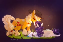 Size: 2048x1372 | Tagged: safe, artist:churrokat, applejack, rarity, earth pony, pony, unicorn, g4, abstract background, alternate design, alternate tailstyle, applejack's hat, blonde mane, blonde tail, body freckles, coat markings, colored hooves, colored pinnae, cowboy hat, crepuscular rays, duo, duo female, eyes closed, female, fetlock tuft, freckles, grass, hat, horn, kissing, leonine tail, lesbian, long horn, lying down, mare, on side, orange coat, ponytail, purple mane, purple tail, raised hoof, ringlets, shiny hooves, shiny mane, shiny tail, ship:rarijack, shipping, signature, socks (coat markings), sparkles, standing, tail, tied mane, tied tail, unicorn horn, wavy mane, wavy tail, white coat