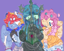 Size: 1397x1110 | Tagged: safe, artist:tottallytoby, fluttershy, queen chrysalis, rainbow dash, changeling, changeling queen, pegasus, pony, spider, anthro, g4, ahoge, alternate eye color, alternate hair color, alternate hairstyle, beanbrows, blaze (coat marking), blue coat, bracelet, braid, braided ponytail, bridge piercing, cardigan, cargo shorts, changeling horn, choker, chrysadash, chrysashy, chubby, clothes, coat markings, colored eartips, colored eyebrows, colored mouth, colored pinnae, colored sclera, colored wings, colored wingtips, corset, crack shipping, dress, ear piercing, ear tufts, earring, eye clipping through hair, eyebrows, eyebrows visible through hair, eyeshadow, facial markings, fangs, female, fluffy, gray coat, green eyes, green sclera, hip fluff, holding, hoof hands, horn, industrial piercing, jewelry, lesbian, lidded eyes, long horn, looking at something, makeup, mare, multicolored mane, open mouth, open smile, partially open wings, physique difference, piercing, pink mane, polyamory, ponytail, purple background, queen chrysalis gets all the mares, raised arm, sharp teeth, ship:chryshydash, ship:flutterdash, shipping, shirt, short hair rainbow dash, short mane, shorts, simple background, skirt, smiling, straight mane, tank top, teal eyes, teal mane, teeth, tied mane, trio, trio female, two toned mane, two toned wings, wall of tags, wingding eyes, wings, yellow coat, yellow eyes