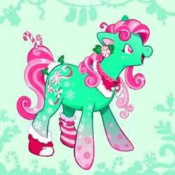 Size: 2500x2500 | Tagged: safe, artist:cracklewink, minty, earth pony, pony, g3, abstract background, alternate color palette, alternate design, alternate eye color, candy, candy cane, clothes, coat markings, collar, colored pinnae, curly mane, curly tail, female, food, freckles, gradient legs, green coat, hair accessory, high res, hoof shoes, mare, mint coat, mismatched socks, open mouth, open smile, pink mane, pink tail, profile, shiny mane, shiny tail, smiling, socks, solo, standing, striped socks, tail, tail accessory, tied tail, two toned eyes, two toned mane, two toned tail, unusual pupils, winter minty