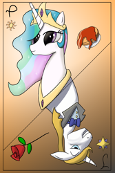 Size: 1024x1536 | Tagged: safe, artist:draconequues, prince blueblood, princess celestia, alicorn, unicorn, cover, digital art, fimfiction.net link, flower, food, gradient background, horn, pancakes, playing card, rose