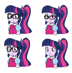 Size: 1601x1621 | Tagged: safe, artist:cheesesauce_45, sci-twi, twilight sparkle, equestria girls, g4, bust, clothes, dress, eyebrows, eyebrows visible through hair, female, glasses, long hair, multicolored hair, neck bow, ponytail, purple eyes, purple skin, round glasses, simple background, smiling, solo, square glasses, tied hair, white background, wingding eyes