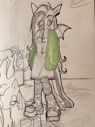 Size: 1535x2048 | Tagged: safe, artist:fluttershyes, fluttershy, bat pony, pony, anthro, plantigrade anthro, g4, anthro ponidox, bat ponified, bridge piercing, cardigan, clothes, colored pencil drawing, colored sketch, cross, cross necklace, dress, duo, duo female, dyed mane, dyed tail, ear piercing, earring, eye clipping through hair, female, fishnet clothing, flutterbat, hand in pocket, hands in pocket, jewelry, leg warmers, long mane, long tail, looking down, mare, messy mane, mixed media, necklace, no mouth, pen drawing, pencil drawing, piercing, platform boots, race swap, self paradox, self ponidox, sketch, sketch dump, small wings, spread wings, standing, tail, traditional art, two toned mane, two toned tail, wings