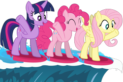 Size: 3030x2019 | Tagged: safe, artist:zslnews, fluttershy, pinkie pie, twilight sparkle, alicorn, earth pony, pegasus, g4, ^^, excited, eyes closed, simple background, surfboard, surfing, transparent background, twilight sparkle (alicorn), vector, water, wave