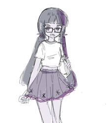 Size: 1302x1493 | Tagged: safe, artist:sugarcube269, sci-twi, twilight sparkle, human, equestria girls, g4, clothes, female, glasses, looking at you, monochrome, open mouth, pigtails, simple background, sketch, skirt, smiling, solo, twintails, white background