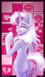 Size: 1205x2051 | Tagged: safe, artist:redjester, oc, oc only, pony, unicorn, semi-anthro, butt, candy, female, food, horn, kisses, looking at you, mare, pink, pink background, simple background, smiling, solo
