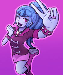 Size: 1721x2048 | Tagged: safe, artist:bab0i, sonata dusk, human, equestria girls, g4, boots, clothes, cute, eyeshadow, female, gem, gradient background, makeup, nail polish, one eye closed, open mouth, open smile, peace sign, purple background, shoes, siren gem, skirt, smiling, socks, solo, sonatabetes, spiked wristband, wink, wristband