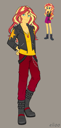 Size: 721x1498 | Tagged: safe, artist:elioo, color edit, edit, editor:red baron, sunset shimmer, human, equestria girls, g4, boots, chains, clothes, clothing redesign, colored, ear piercing, earring, female, geode of empathy, gray background, hand on hip, jacket, jewelry, magical geodes, necklace, pants, piercing, shoes, simple background, smiling, smirk, solo, standing